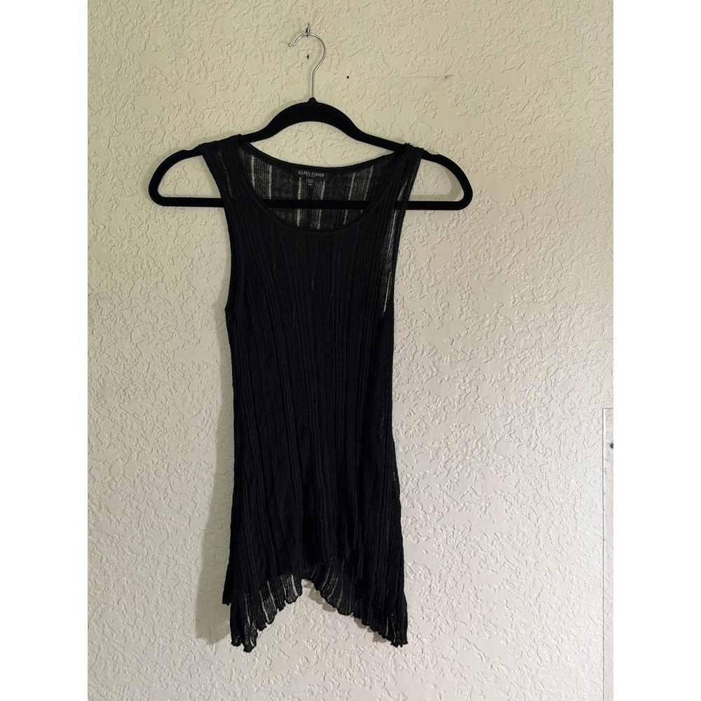 Eileen Fisher Ribbed Tank Top Womens PM Black Italian Yarn Sheer Layering Shell - Picture 2 of 8